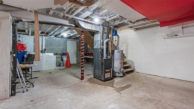 40 Meanor St, Findlay Twp, PA 15126 - unfinished below grade area featuring washing machine and dryer, gas water heater, concrete block wall, and heating unit