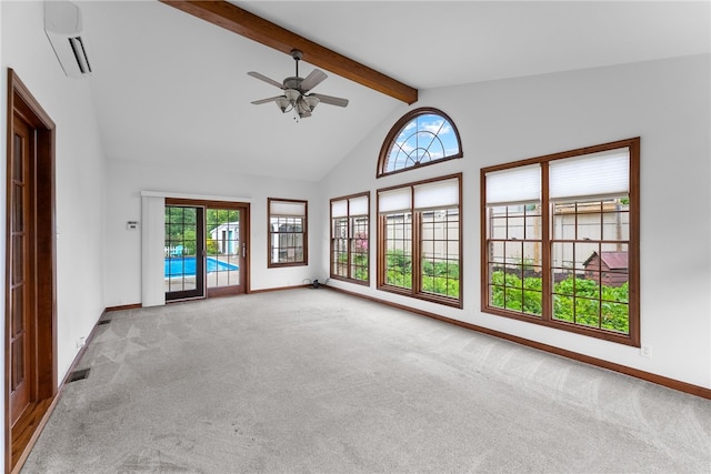 221 Moody Rd, Imperial, PA 15126 - spare room featuring a wall unit AC, beam ceiling, carpet, baseboards, and ceiling fan