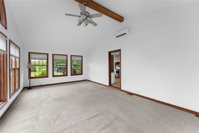 221 Moody Rd, Imperial, PA 15126 - unfurnished room with an AC wall unit, healthy amount of natural light, baseboards, high vaulted ceiling, and carpet flooring