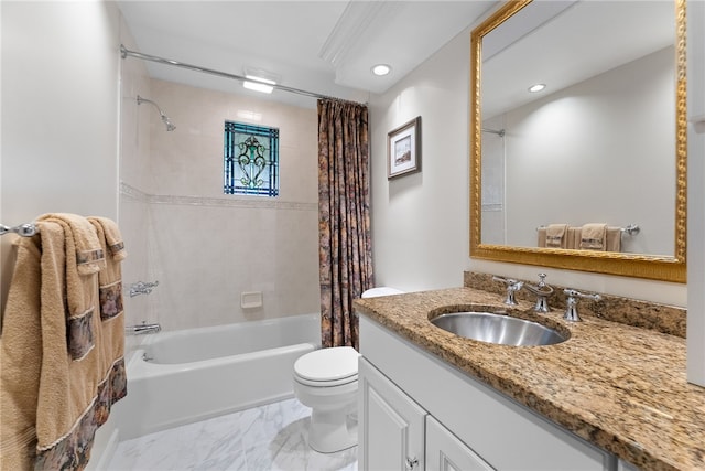 221 Moody Rd, Imperial, PA 15126 - bathroom featuring vanity, shower / bath combo, toilet, recessed lighting, and marble look tiles