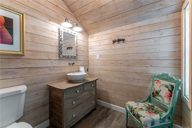 221 Moody Rd, Imperial, PA 15126 - bathroom featuring lofted ceiling, wooden walls, wooden ceiling, toilet, and wood finished floors