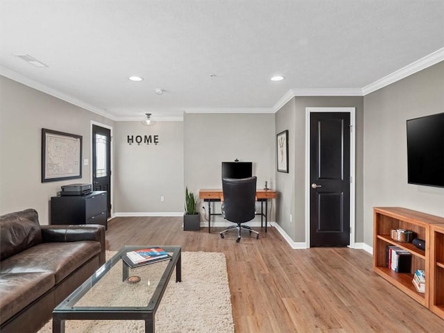 4046 Overview Dr, Cecil, PA 15317 - living room featuring a desk, light wood-type flooring, crown molding, recessed lighting, and baseboards