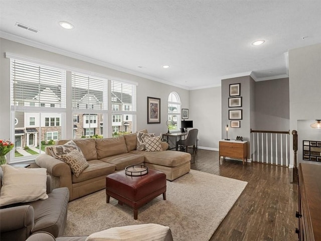 4046 Overview Dr, Cecil, PA 15317 - living room with dark wood-style floors, an office area, crown molding, baseboards, and recessed lighting