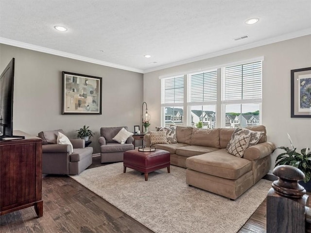 4046 Overview Dr, Cecil, PA 15317 - living area with dark wood-type flooring, recessed lighting, and crown molding