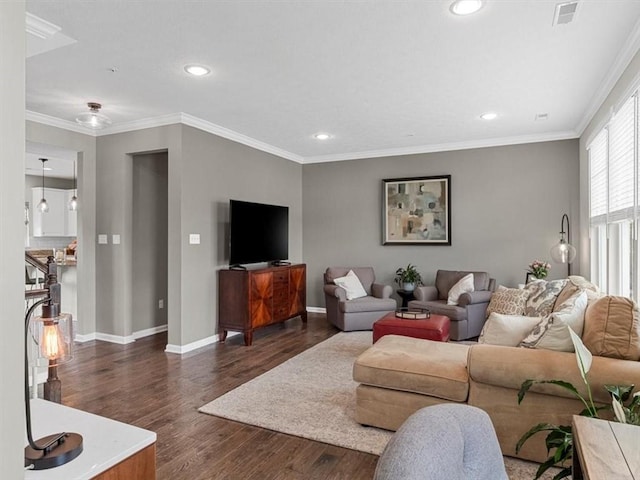 4046 Overview Dr, Cecil, PA 15317 - living room featuring dark wood-style flooring, baseboards, recessed lighting, and crown molding