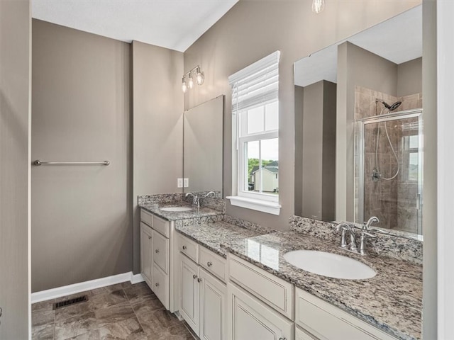 4046 Overview Dr, Cecil, PA 15317 - full bathroom featuring a stall shower, double vanity, and baseboards