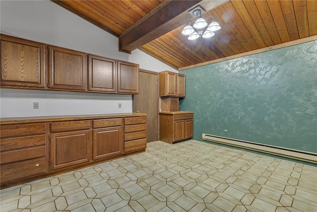 1369 Old Pulaski Rd, Neshannock Twp, PA 16105 - kitchen featuring wood ceiling, baseboard heating, brown cabinets, and light countertops