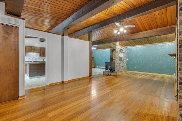 1369 Old Pulaski Rd, Neshannock Twp, PA 16105 - unfurnished living room featuring wood-type flooring, a wood stove, ceiling fan, wood ceiling with exposed beams, and a sink