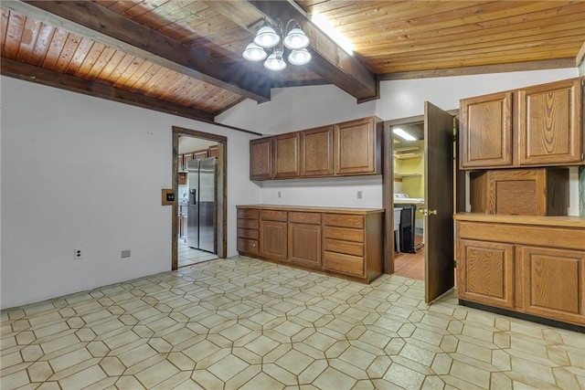 1369 Old Pulaski Rd, Neshannock Twp, PA 16105 - kitchen featuring wood ceiling, stainless steel fridge with ice dispenser, range, brown cabinets, and light countertops