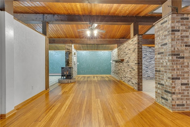 1369 Old Pulaski Rd, Neshannock Twp, PA 16105 - unfurnished living room featuring hardwood / wood-style floors, a wood stove, wooden ceiling with exposed beams, baseboards, and ceiling fan