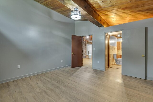 1369 Old Pulaski Rd, Neshannock Twp, PA 16105 - unfurnished bedroom featuring wooden ceiling, light wood-style flooring, baseboards, connected bathroom, and a ceiling fan