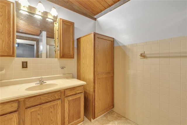 1369 Old Pulaski Rd, Neshannock Twp, PA 16105 - bathroom with vanity, wooden ceiling, tile patterned flooring, and decorative backsplash