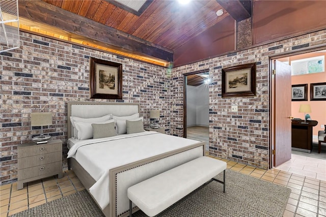 1369 Old Pulaski Rd, Neshannock Twp, PA 16105 - bedroom featuring light tile patterned floors, wooden ceiling, and brick wall
