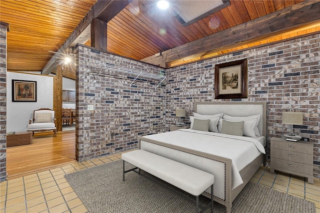 1369 Old Pulaski Rd, Neshannock Twp, PA 16105 - tiled bedroom with wood ceiling, brick wall, and lofted ceiling