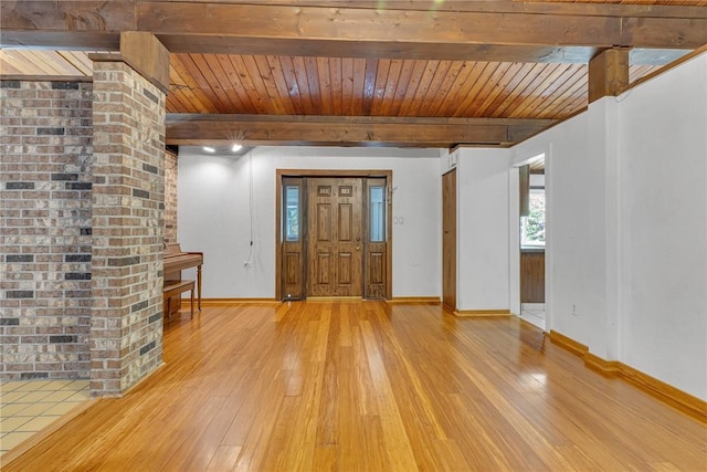 1369 Old Pulaski Rd, Neshannock Twp, PA 16105 - foyer entrance with light wood-style flooring, wooden ceiling with exposed beams, and baseboards