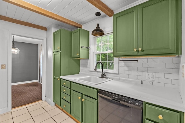 512 Pine Ave, Ellwood City Law, PA 16117 - kitchen with green cabinets, black dishwasher, a sink, decorative backsplash, and wooden ceiling with exposed beams