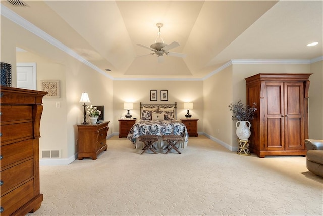 409 Foxwood Ln, Scott Twp Sal, PA 15220 - bedroom with light carpet, baseboards, a raised ceiling, crown molding, and ceiling fan