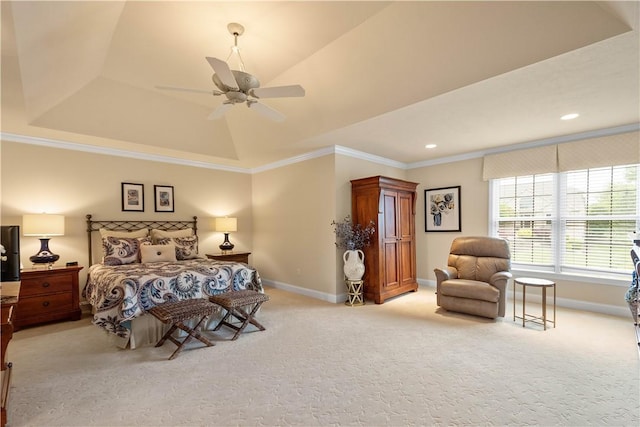 409 Foxwood Ln, Scott Twp Sal, PA 15220 - carpeted bedroom featuring baseboards, crown molding, a ceiling fan, vaulted ceiling, and recessed lighting