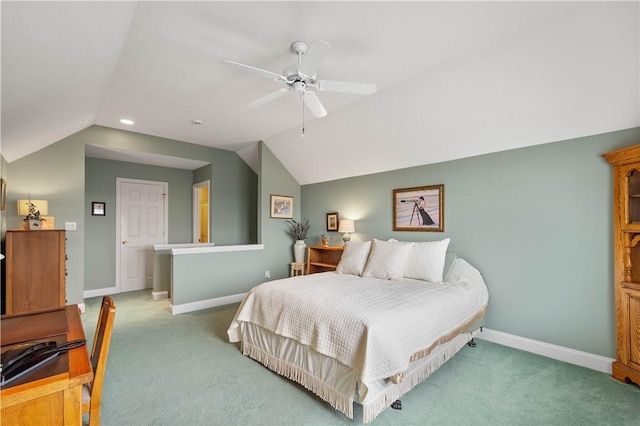 409 Foxwood Ln, Scott Twp Sal, PA 15220 - bedroom featuring carpet flooring, vaulted ceiling, baseboards, and a ceiling fan
