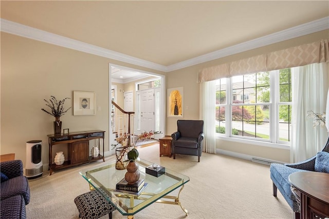409 Foxwood Ln, Scott Twp Sal, PA 15220 - living room featuring crown molding, light colored carpet, stairs, and baseboards