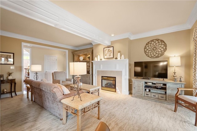409 Foxwood Ln, Scott Twp Sal, PA 15220 - living room featuring crown molding, a premium fireplace, wood finished floors, and baseboards