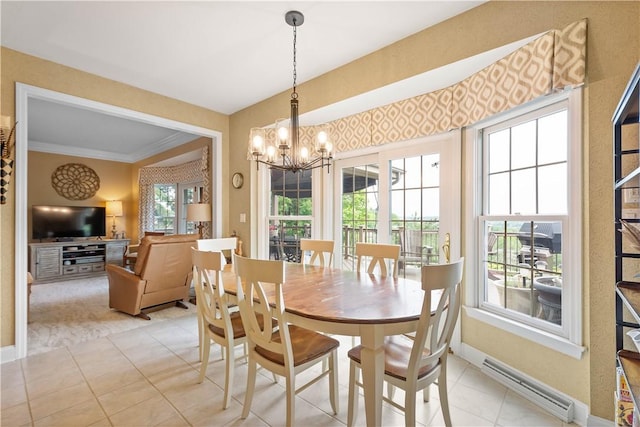 409 Foxwood Ln, Scott Twp Sal, PA 15220 - dining room featuring baseboard heating, a chandelier, baseboards, light tile patterned floors, and ornamental molding