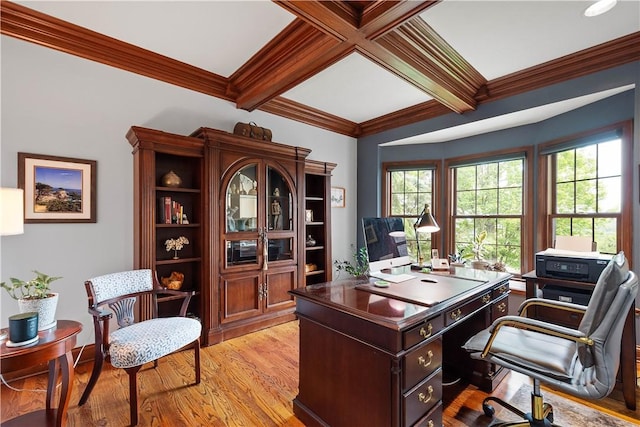 409 Foxwood Ln, Scott Twp Sal, PA 15220 - office area with beam ceiling, light wood-style floors, crown molding, and coffered ceiling