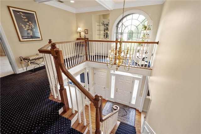 409 Foxwood Ln, Scott Twp Sal, PA 15220 - entrance foyer with a chandelier, baseboards, ornamental molding, stairway, and recessed lighting