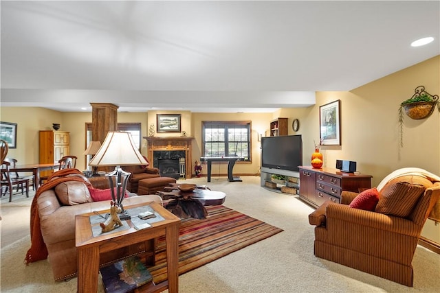 409 Foxwood Ln, Scott Twp Sal, PA 15220 - living room featuring light colored carpet, a high end fireplace, recessed lighting, and baseboards