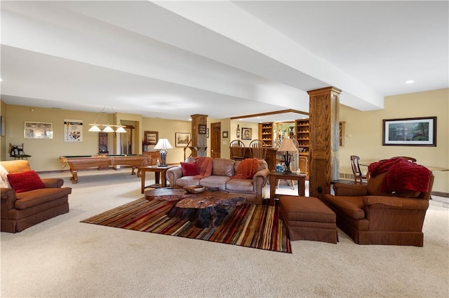 409 Foxwood Ln, Scott Twp Sal, PA 15220 - living room with carpet flooring, ornate columns, pool table, bar, and recessed lighting