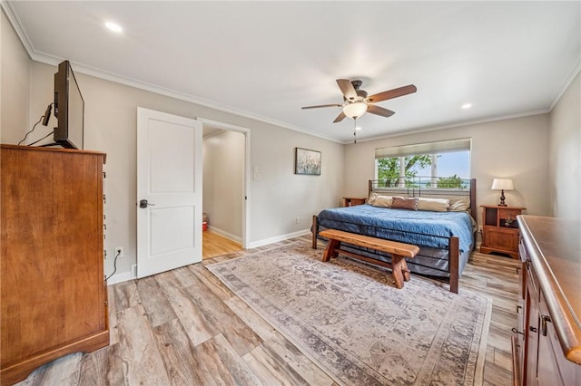 124 Hilton Rd, Unity Twp, PA 15601 - bedroom featuring light wood-style floors, crown molding, baseboards, recessed lighting, and a ceiling fan
