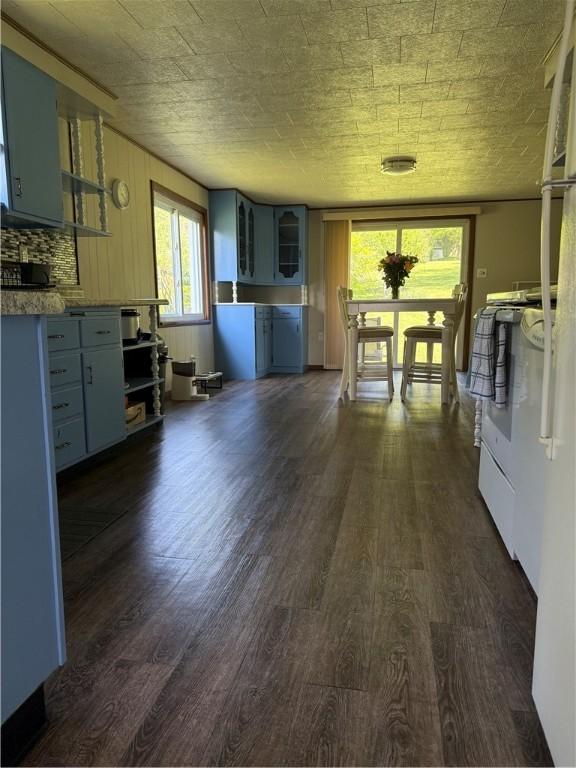 217 Crescent Dr, Hempfield Twp Wml, PA 15601 - kitchen with dark wood finished floors and glass insert cabinets
