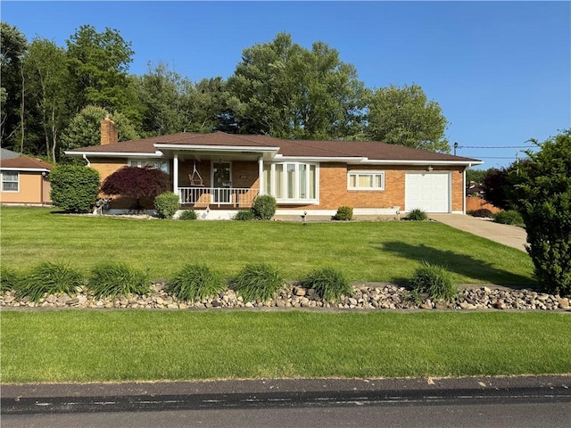 2122 Elizabeth Ct, Export, PA 15632 - ranch-style house featuring a garage, covered porch, a front lawn, and a chimney