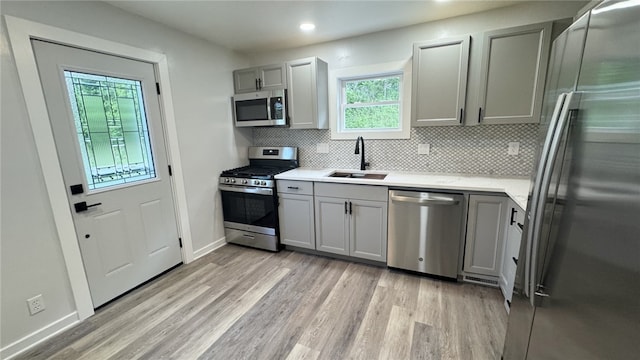 14 Haywood St, Carroll Twp, PA 15063 - kitchen with appliances with stainless steel finishes, a sink, gray cabinetry, light wood finished floors, and backsplash
