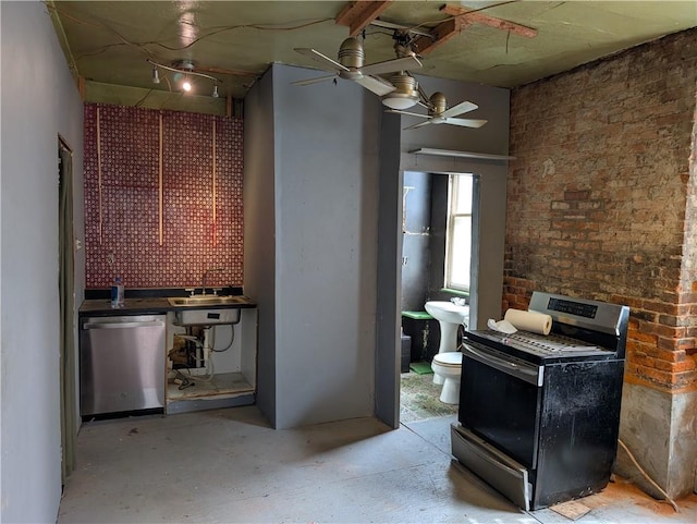 1321-1323 Bingham St, South Side, PA 15203 - interior space featuring black stove, dishwasher, a sink, ceiling fan, and brick wall