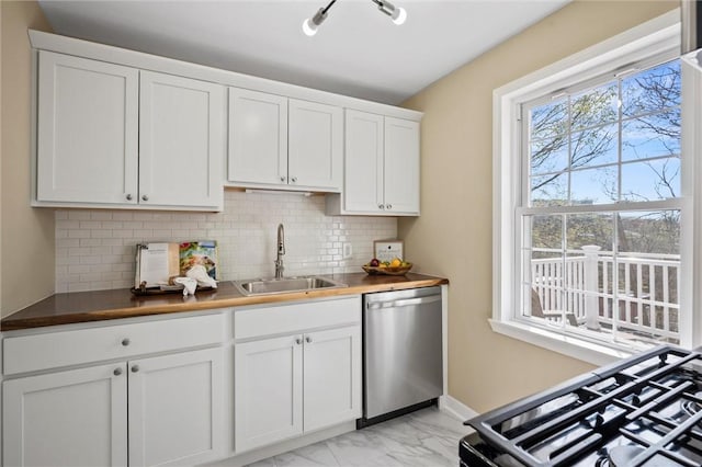362 Marshall Ave, Observatory Hill, PA 15214 - kitchen featuring dishwasher, a sink, light marble finish floors, and backsplash