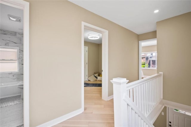 362 Marshall Ave, Observatory Hill, PA 15214 - hallway with an upstairs landing, recessed lighting, light wood-style floors, and baseboards