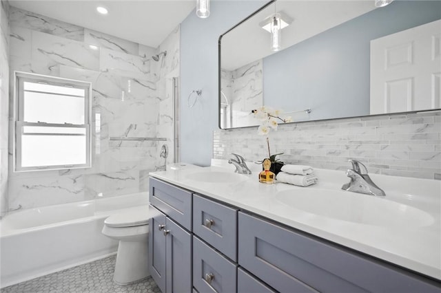 362 Marshall Ave, Observatory Hill, PA 15214 - full bathroom featuring toilet, double vanity, shower / bathtub combination, and tasteful backsplash