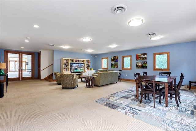 1575 Parkview Blvd, Squirrel Hill, PA 15217 - dining area with french doors, baseboards, light colored carpet, and recessed lighting