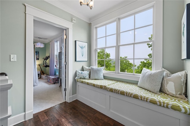 1575 Parkview Blvd, Squirrel Hill, PA 15217 - living area featuring crown molding, dark wood finished floors, baseboards, and a chandelier