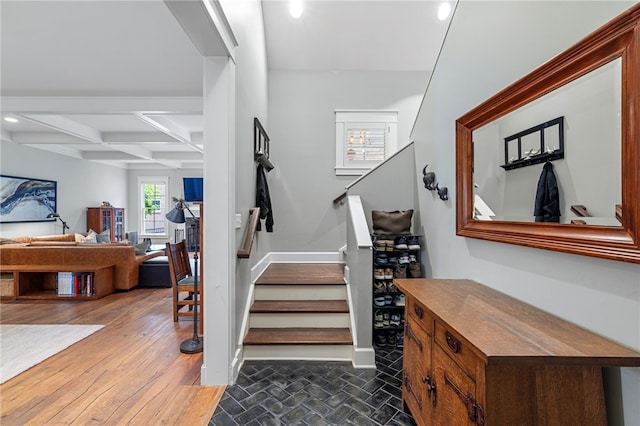 1575 Parkview Blvd, Squirrel Hill, PA 15217 - stairs featuring coffered ceiling, recessed lighting, beam ceiling, and baseboards
