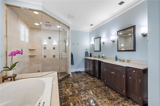 1575 Parkview Blvd, Squirrel Hill, PA 15217 - full bath with crown molding, double vanity, a stall shower, a garden tub, and baseboards