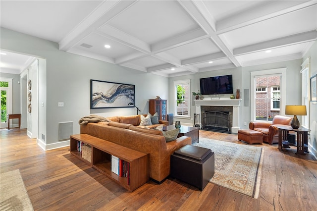 1575 Parkview Blvd, Squirrel Hill, PA 15217 - living area featuring hardwood / wood-style flooring, beamed ceiling, a fireplace, recessed lighting, and baseboards