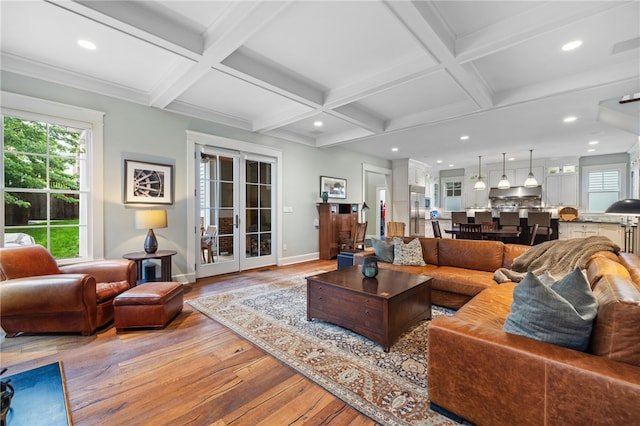 1575 Parkview Blvd, Squirrel Hill, PA 15217 - living area with light wood-style floors, coffered ceiling, baseboards, beam ceiling, and recessed lighting