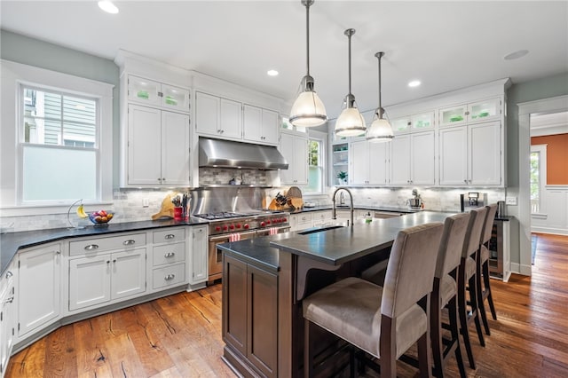 1575 Parkview Blvd, Squirrel Hill, PA 15217 - kitchen with under cabinet range hood, range with two ovens, dark countertops, a sink, and white cabinets