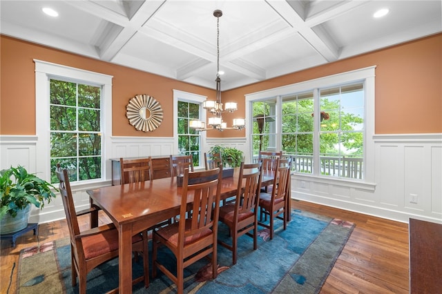 1575 Parkview Blvd, Squirrel Hill, PA 15217 - dining room featuring coffered ceiling, wood finished floors, a decorative wall, and a chandelier