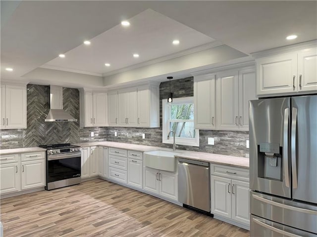 407 E Hillcrest Ave, New Castle/2Nd, PA 16105 - kitchen with appliances with stainless steel finishes, wall chimney exhaust hood, a tray ceiling, a sink, and white cabinets
