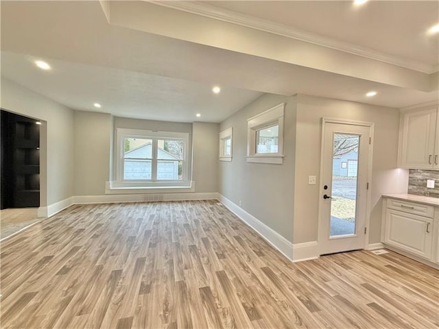 407 E Hillcrest Ave, New Castle/2Nd, PA 16105 - unfurnished living room with baseboards, light wood-type flooring, crown molding, and recessed lighting