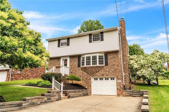 669 Carnival Dr, Plum Boro, PA 15239 - colonial inspired home featuring an attached garage, driveway, a chimney, and a front yard