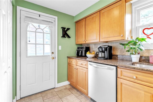 669 Carnival Dr, Plum Boro, PA 15239 - kitchen featuring dishwasher, decorative backsplash, stone counters, baseboards, and light tile patterned floors